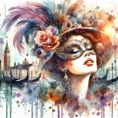 Venetian Carnival Splendor: Woman in Mask Watercolor Illustration