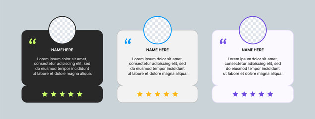 Customer review template. Testimonials, feedback with rating. Box with a text comment from the client. Vector design suitable for websites and social networks.