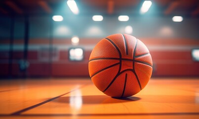 A basket ball on an amazing empty basketball court with blurred light backround.