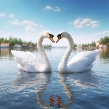 Beautiful pair love swans birds forming heart shape pictures AI Generated Art