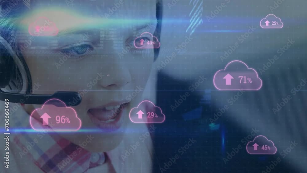 Poster animation of clouds and data processing over caucasian boy using phone headset