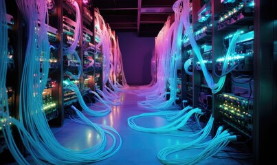 In the fiber optic room, the fiber optic cables are arranged neatly, neon lights.