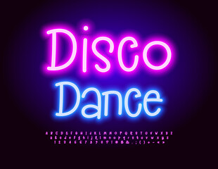 Vector playful banner Disco Dance. Bright Glowing Font. Neon Alphabet Letters and Numbers.