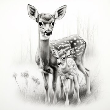 Pencil sketch mothers baby deer love image Generative AI