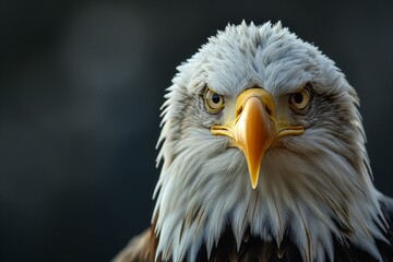 Close-up of a bald eagle's head with a bright yellow beak and sharp eyes on a blurred background. - obrazy, fototapety, plakaty