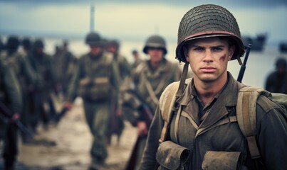 Fototapeta premium after landing on the beach, the soldiers walk into battle against the enemy.