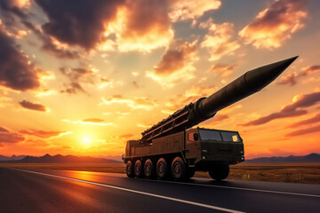 A rocket on wheels, a weapon of mass destruction against the backdrop of a sunset - obrazy, fototapety, plakaty