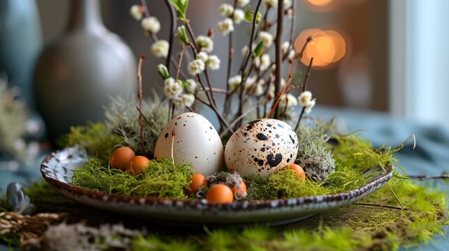 Easter table decoration with egg shells, spanish moss and catkins with copy space.