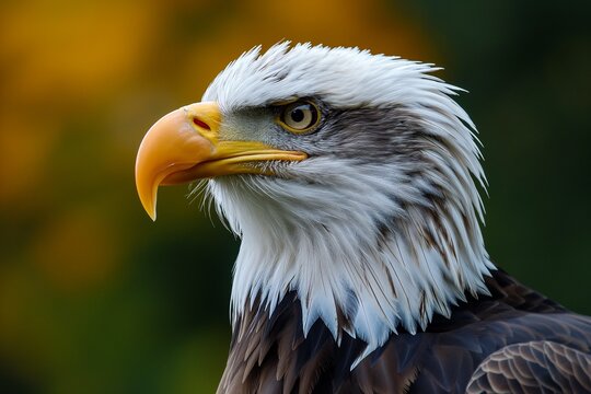 Close-up of a bald eagle's head with a bright yellow beak and sharp eyes on a blurred background.