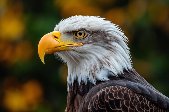 Close-up of a bald eagle's head with a bright yellow beak and sharp eyes on a blurred background.