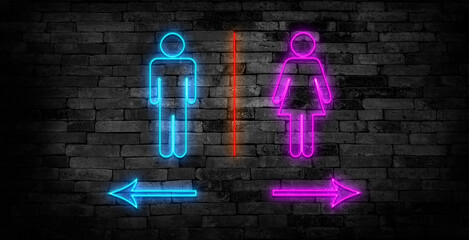 Neon Sign toilet with split female and male restrooms on a brick wall background vector.