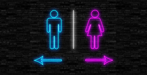 Neon Sign toilet with split female and male restrooms on a brick wall background vector. - obrazy, fototapety, plakaty