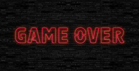 Game Over Neon Text Vector with a Brick Wall Background design template modern trend design night neon signboard night bright advertising light banner light art. Vector Illustration. - obrazy, fototapety, plakaty