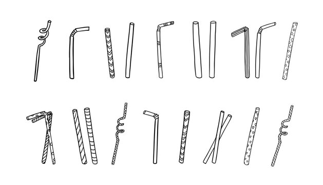 Big set of straws of different sizes, shapes and patterns in doodle style. Hand drawn. Great for menu, banner, decoration, advertising