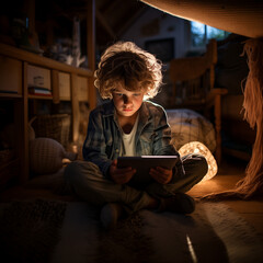 Fototapeta na wymiar a blond boy with curly hair sits on the floor and uses a tablet, the light falls on his face, there is backlight in the children's bedroom