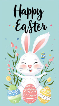 Happy Easter greeting card with cute bunny and eggs