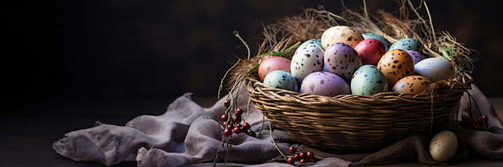 Naklejka na ściany i meble Nest with colored eggs on a dark background. Composition banner for Easter with place for text, copyspace
