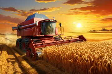 Combine in wheat field harvesting wheat at sunset - obrazy, fototapety, plakaty