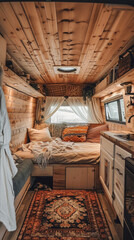 Interior of a camper van with a bed and pillows