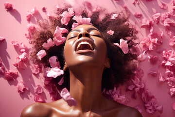 Young African American woman having orgasm. Beautiful woman with open mouth and closed eyes enjoying sex lying among rose petals. Sexual experience, getting sexual pleasure, masturbation, cunnilingus.
