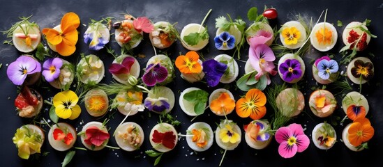Edible flower canapes with various ingredients.