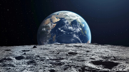 Naklejka premium Breathtaking view of Earth from surface of Moon, AI Generated