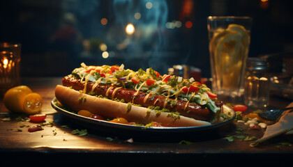 Recreation of a tasty and big hot dog in a plate - obrazy, fototapety, plakaty