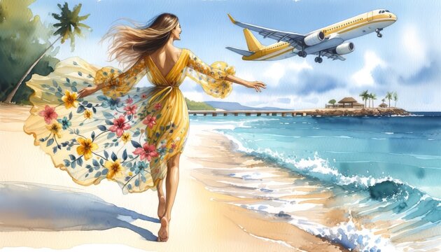 The image captures a joyful woman on a beach, with a plane flying overhead, signaling travel and freedom.
