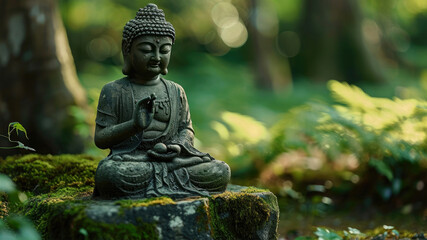 Buddha statue in the forest, closeup of photo.