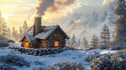 Cozy stone cottage in winter landscape with smoke coming out of chimney, AI Generated