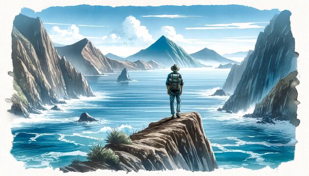 The image features a serene coastal landscape with a lone explorer standing on a cliff, gazing out at the vast ocean and towering mountains, evoking a sense of adventure and tranquility.