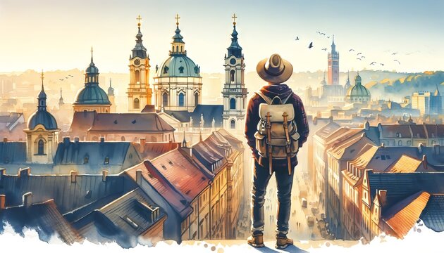 This watercolor painting captures a person overlooking a historic cityscape.