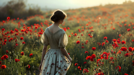 Lady wearing vintage dress strolling through poppy field in spring, AI Generated