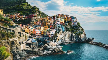 Fototapeta na wymiar Mediterranean town with colorful houses on hill overlooking sea, AI Generated