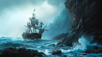 Pirate ship sailing towards treasure island amidst dangerous storm, AI Generated - obrazy, fototapety, plakaty