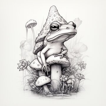 Pencil sketch nice fantasy frog mushroom flower image Generative AI