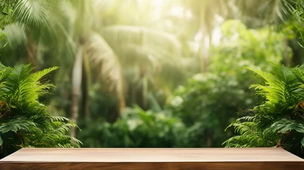 Fotobehang empty top table pine wood podium texture in tropical outdoor garden green plant blur background with copy space.organic healthy natural product present promotion display,nature design. Generative Ai © mahaart