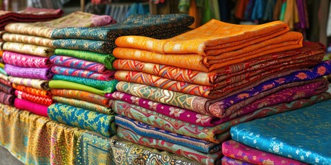 Stacked Colorful South Asian Fabrics on Display