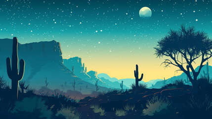 Tranquil moonlit desert with starry sky and cacti shadows, AI Generated