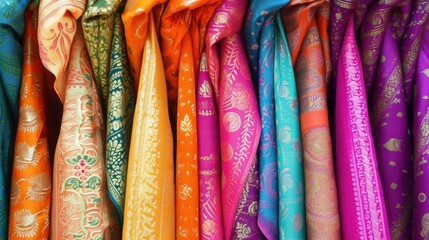 Assorted Colorful Traditional Sari Fabrics Hanging on Display - obrazy, fototapety, plakaty