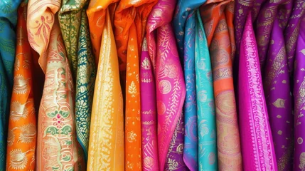 Fotobehang Assorted Colorful Traditional Sari Fabrics Hanging on Display © romanets_v