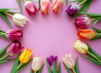 Heart Frame of Tulips on Pink Background, Spring Floral Concept