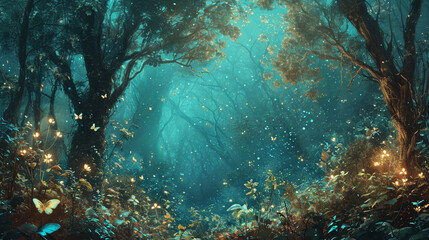 Whimsical forest scene with fairies and glowing plants under starlit sky, AI Generated