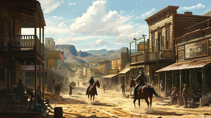 Wild west town with cowboys dueling in dusty street, AI Generated - obrazy, fototapety, plakaty