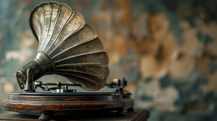 Abstract representation of sound waves emanating from vintage gramophone, AI Generated