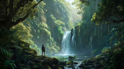 Adventurer discovering enchanted waterfall hidden within jungle, AI Generated - obrazy, fototapety, plakaty