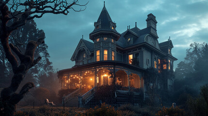 Fototapeta na wymiar Antique Victorian house at twilight with lively ghost parties inside, AI Generated