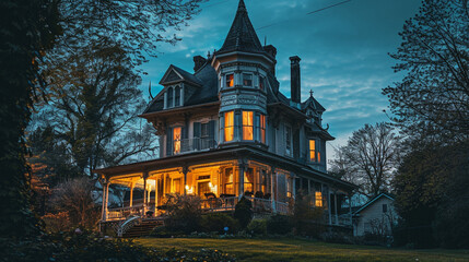 Antique Victorian house at twilight with lively ghost parties inside, AI Generated - obrazy, fototapety, plakaty