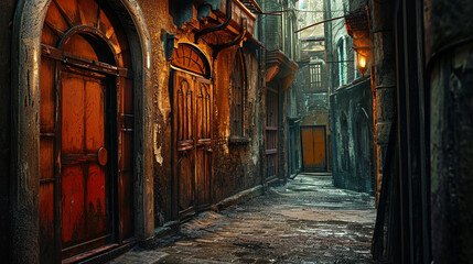 Alley filled with mysterious doors leading to different dimensions, AI Generated