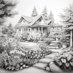 Pencil sketch nice flower garden in front house Generative AI